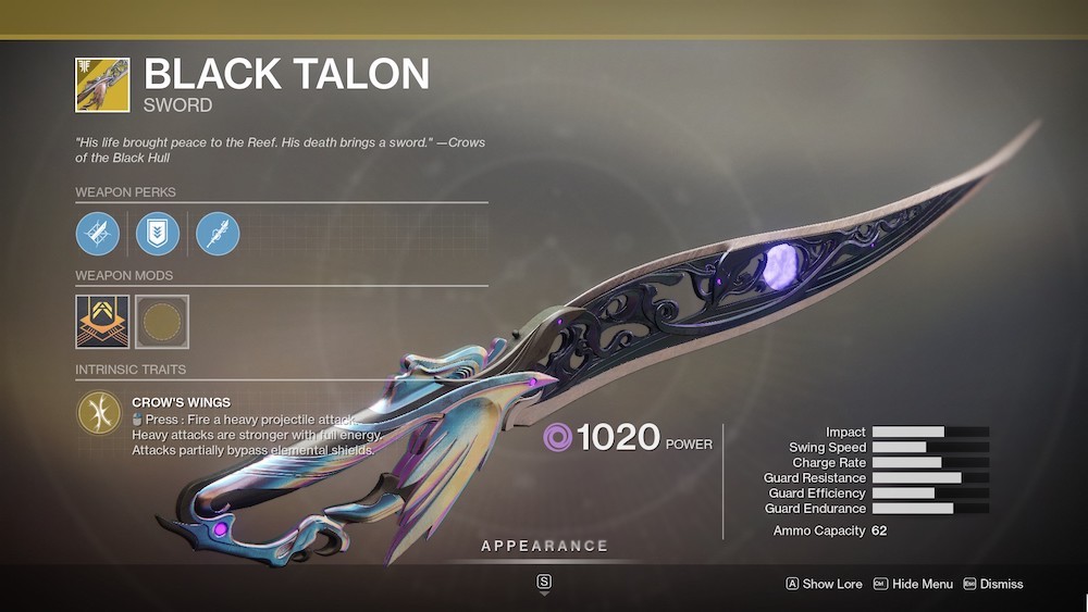 Black Talon fires a powerful projectile with its Heavy attack, which can partially cut through shields and take down Guardians in one hit.