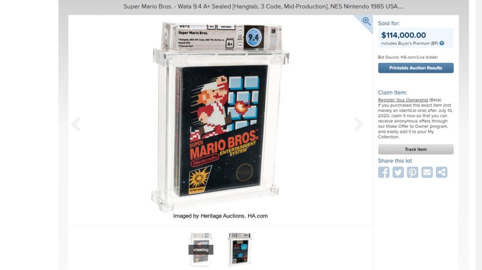 Super Mario Bros мұрасының аукциондық листингі