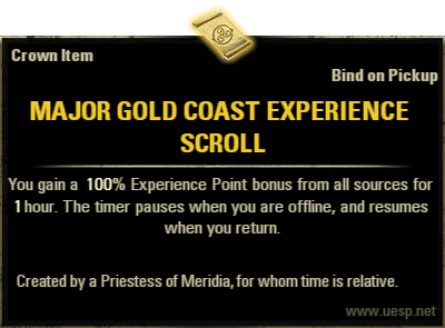 Major Gold Coast Experience Scroll, Crown Consumable (image by UESP.net)