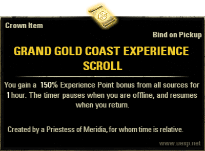 Grand Gold Coast Experience Scroll, Crown Consumable (image by UESP.net)
