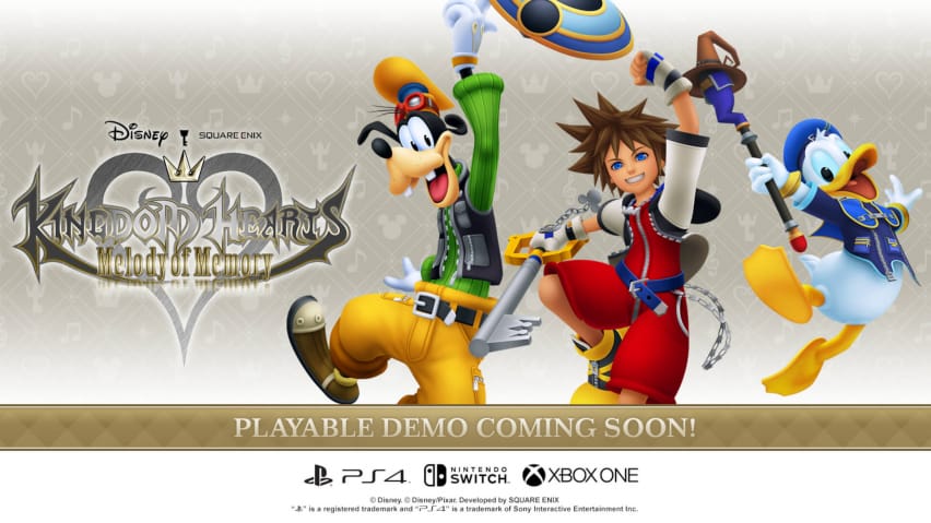 Sora, Donald a Goofy feieren déi spielbar Demo vu Kingdom Hearts: Melody of Memory an engem offiziellen Bannerbild