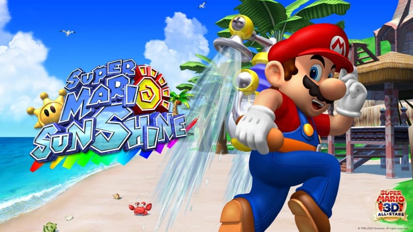 Mario melompat melintasi pantai tropis dengan semburan air dari punggungnya.