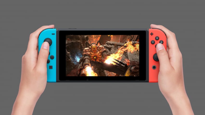 E Schoss vum Doom Eternal op engem Nintendo Switch iwwerlagert