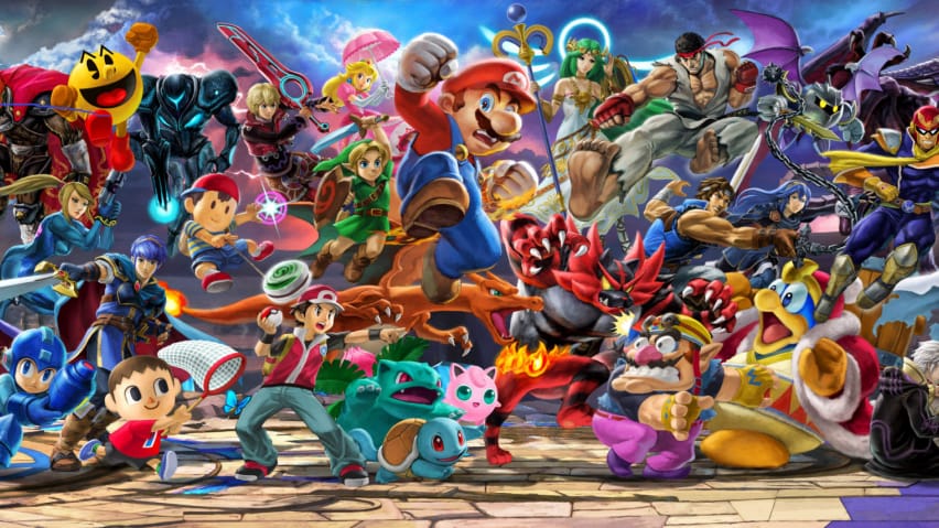 Taideteos, joka kuvaa Super Smash Bros Ultimaten hahmoja