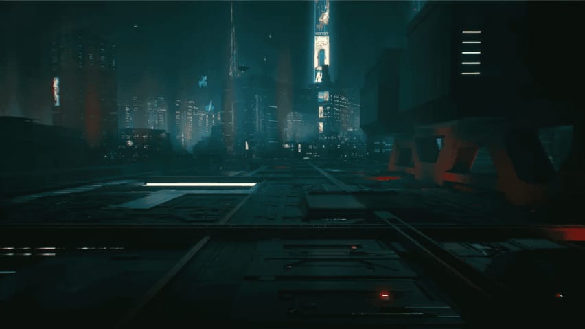 Unha escena temperá da cidade nocturna en Cyberpunk 2077