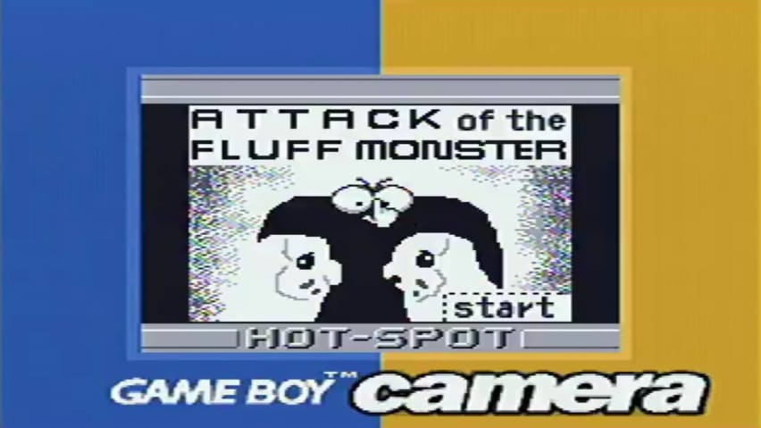 Насловниот екран за Attack of the Fluff Monster, игра направена на Game Boy камерата.