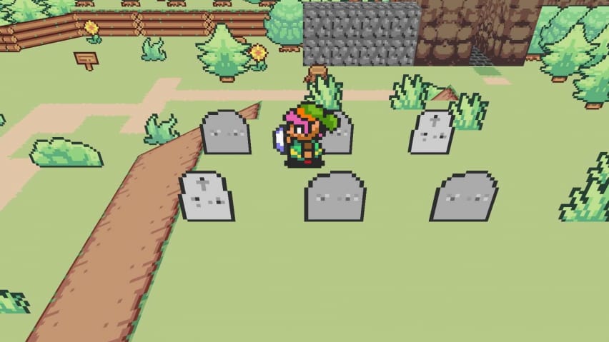 Link i en kirkegård fra Paper Zelda RPG mockup.