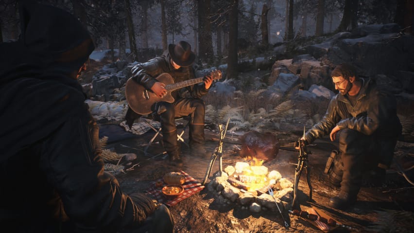 Usa ka grupo sa mga naluwas naglingkod sa palibot sa usa ka campfire sa survival MMO The Day Before