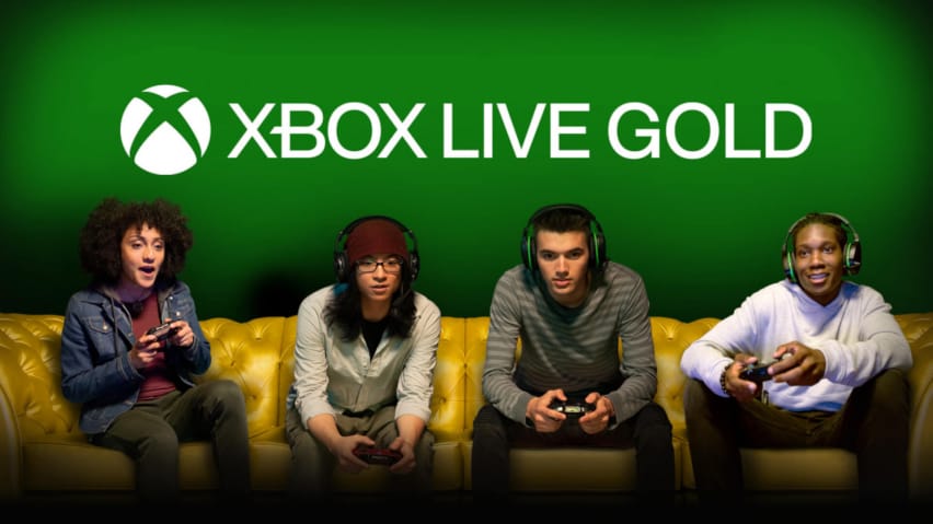 Vier Personen, die Xbox spielen und Xbox Live Gold repräsentieren