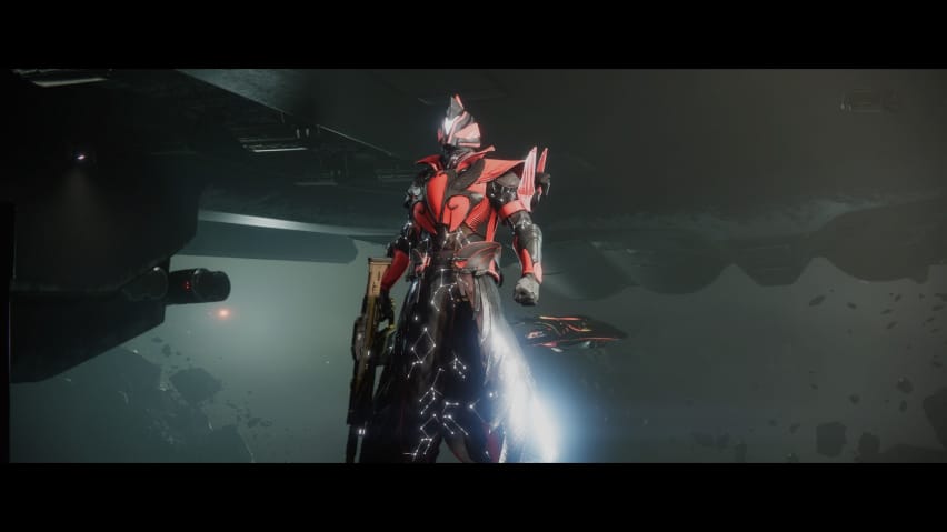 A warlock entering an abandoned ship in space.