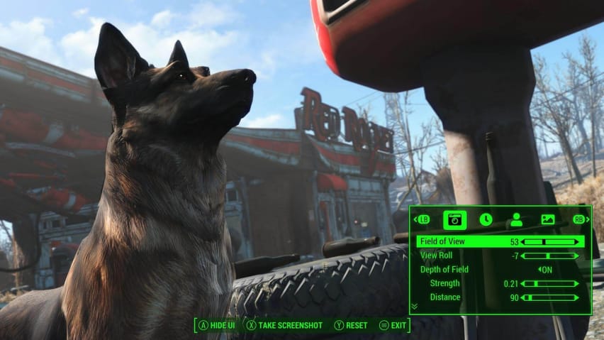 Dogmeat in piedi per una foto con un mod della modalità foto di Fallout 4.