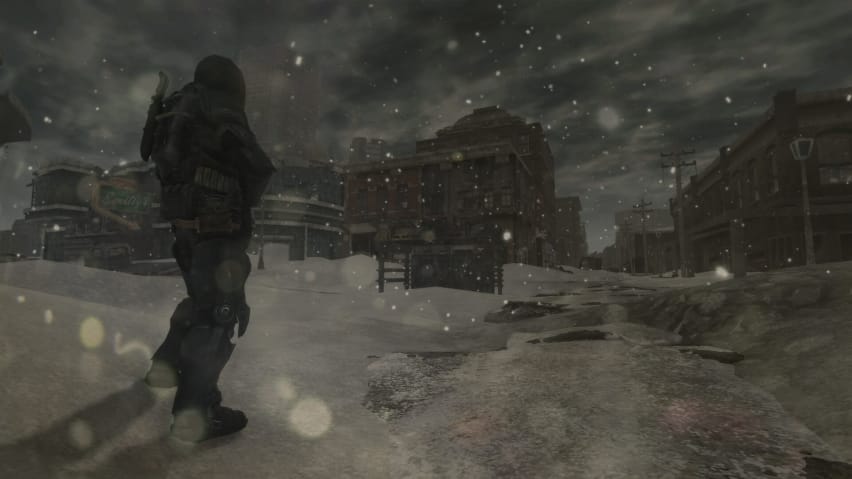 Kadrs ar sniegotu postapokalipses Oregonu no filmas Fallout: The Frontier.
