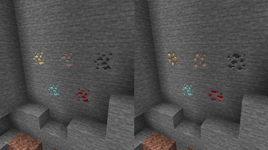 Srovnání mezi starými texturami rudy (vlevo) a novými (vpravo) v Minecraftu.