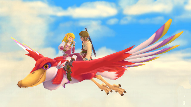 Link and Zelda on a Loftwing, on a date, in Zelda: Skyward Sword
