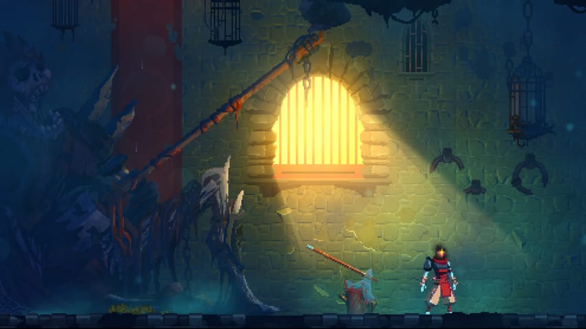 Người chơi bị đóng khung bởi xác chết của một gã khổng lồ trong Dead Cells
