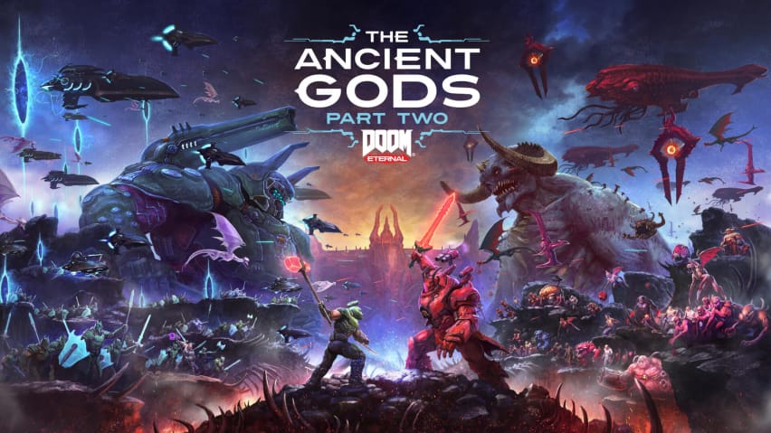 Arte oficial representando o Doom Slayer em Doom Eternal: The Ancient Gods - Part Two