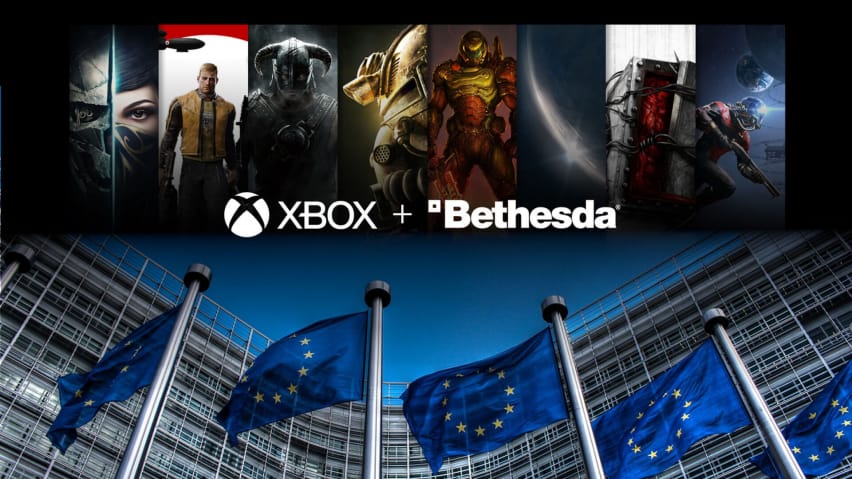 La formazione Xbox e Bethesda/ZeniMax sovrapposta alle bandiere della Commissione Europea