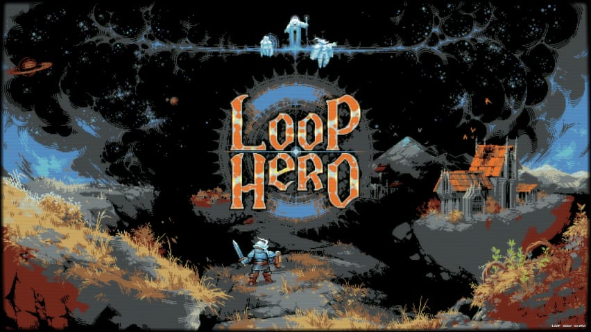 Le titre du jeu entouré de patchs de zones flottantes, le héros debout contre des monstres