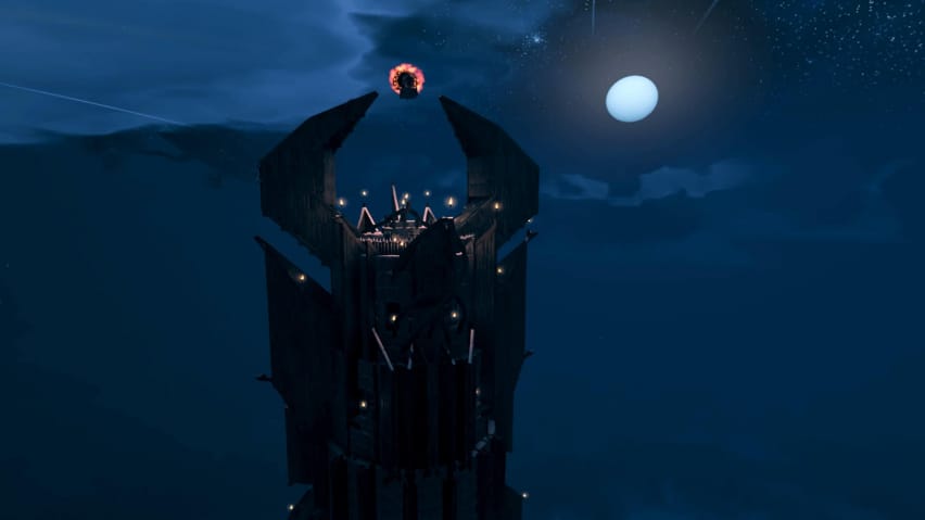 Tangkapan mata Sauron pada Barad-dûr, Menara Gelap, seperti yang dicipta semula di Valheim.