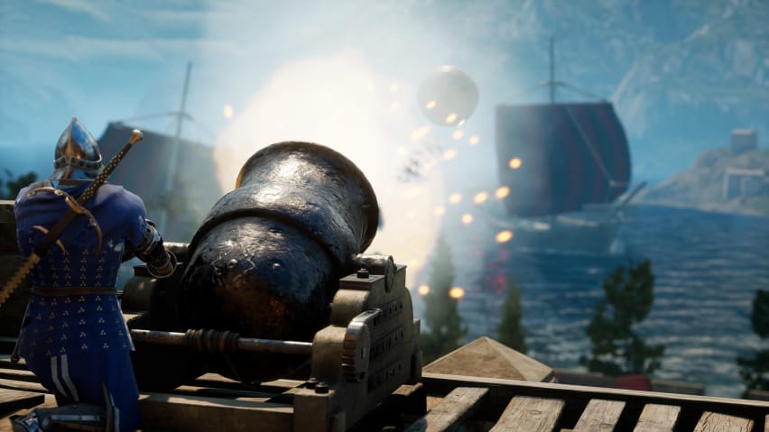 En spiller, der affyrer en kanonkugle mod et skib i den nye Mordhau-opdatering