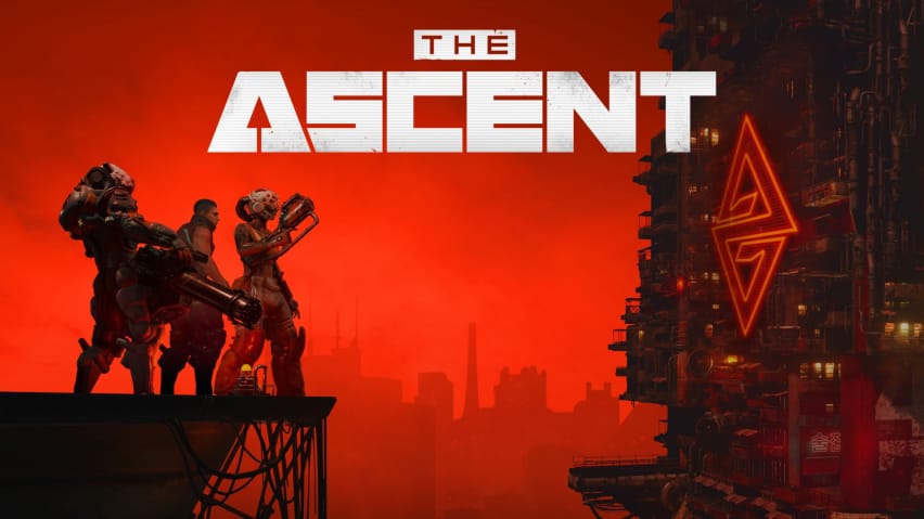 O título do xogo nun fondo vermello que mostra a varios guerreiros mirando para unha gran torre corporativa