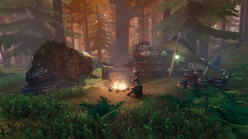 A player sitting by a campfire in Valheim