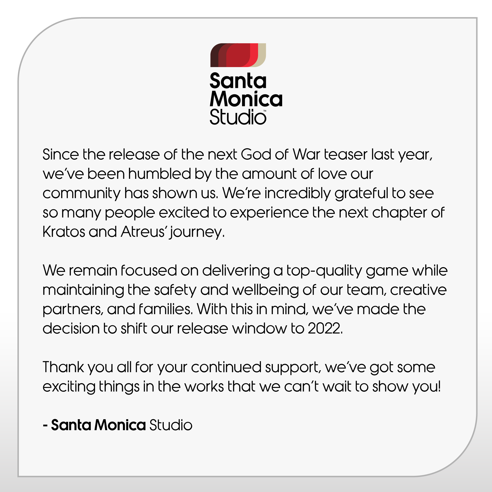 Santa Monica Studion ilmoitus, että seuraava God of War siirtää julkaisuikkunansa vuoteen 2022.