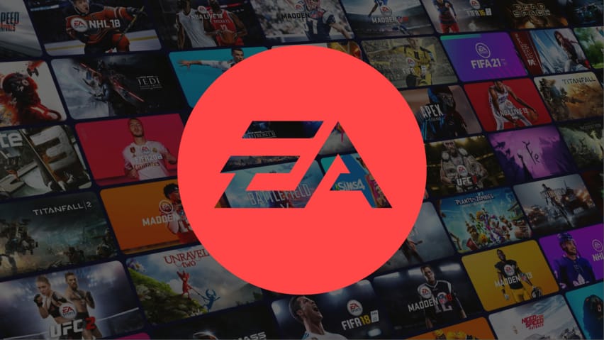 Logo EA di atas latar belakang permainan di layanan EA Play