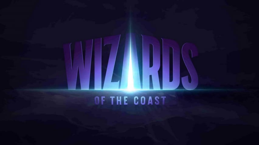 O logotipo de Wizards of the Coast destaca en luz azul