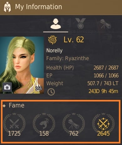 Fame Points At Character Window Bdo 1