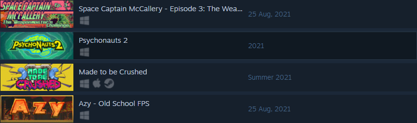Image of Psychonauts 2 on Steam in between 2 other games releasing on August 25