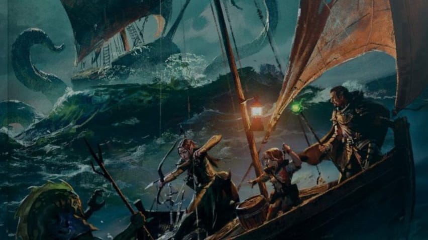 Un grupo de aventureiros nun barco durante unha furiosa tormenta loitando contra unha lura xigante