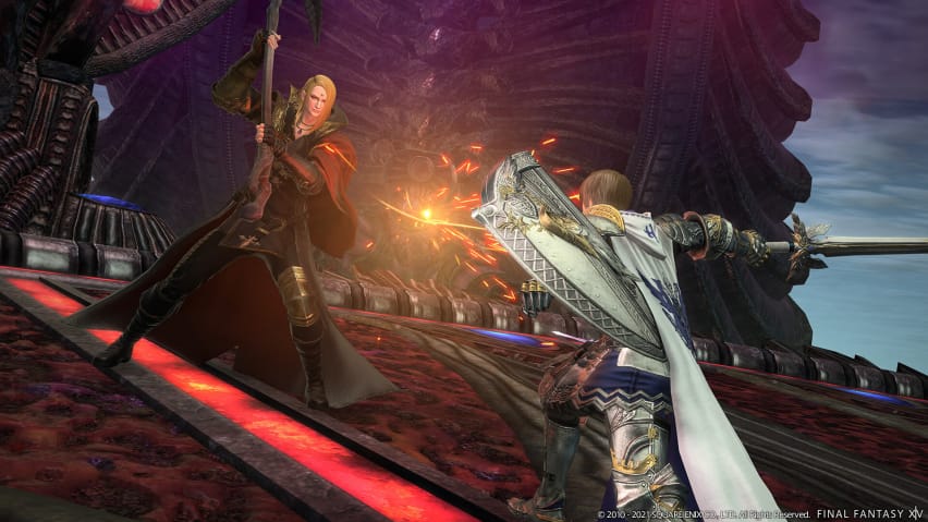 Ҷанговари нур дар мубориза бо Зенос ва Галвус дар Final Fantasy XIV: Endwalker