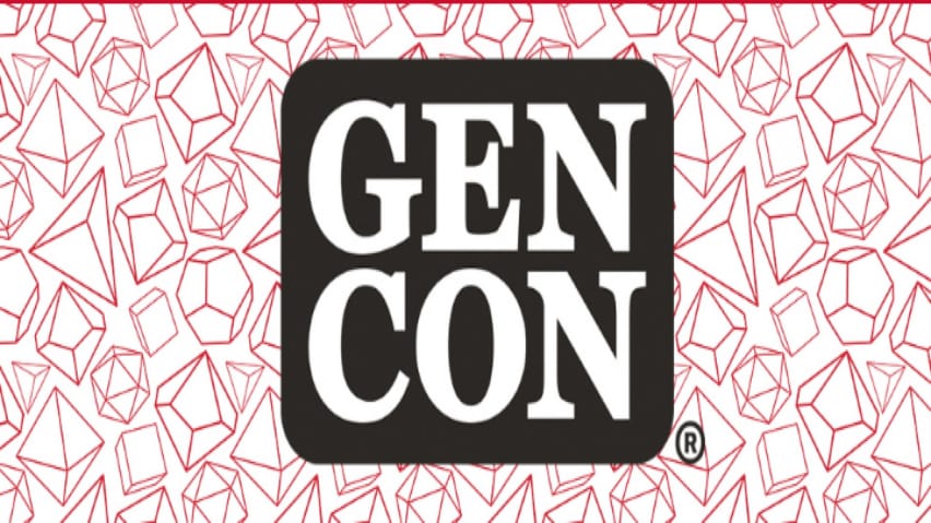 Логото на GenCon пред червени изображения на зарове