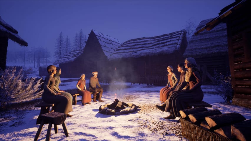 Մի խումբ գյուղացիներ նստած են միջնադարյան դինաստիայում ձմեռային խարույկի շուրջ