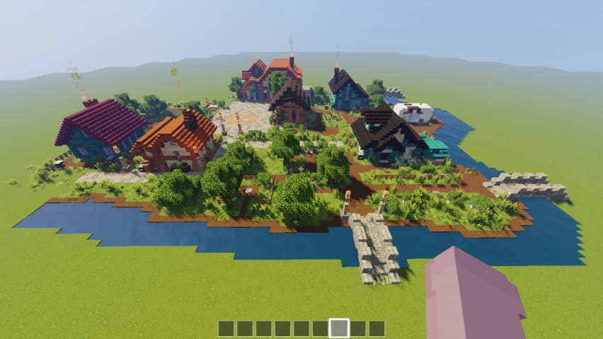 Námestie Pelican Town ako pretvorené v Minecrafte.