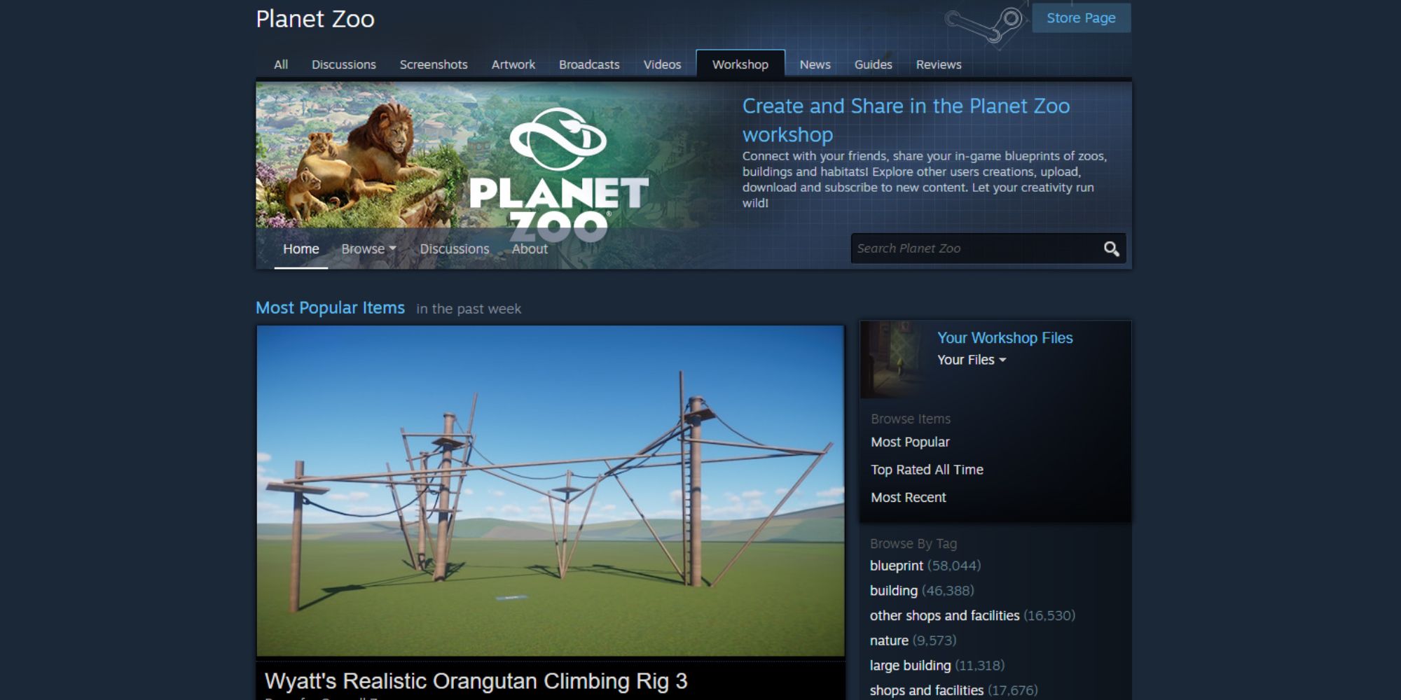 Página del taller de Steam de Planet Zoo