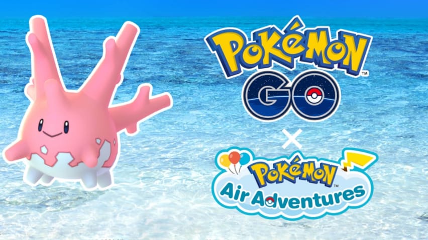 Корсола поруч із логотипом для регіональної співпраці Pokemon Go з Pokemon Air Adventures
