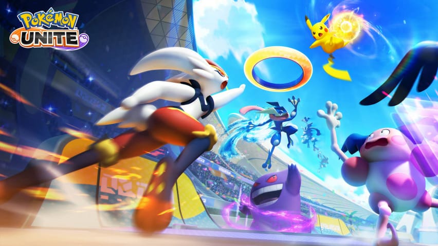Cinderace, Pikachu, Mr. Mime, and several other Pokemon competing in Pokemon Unite
