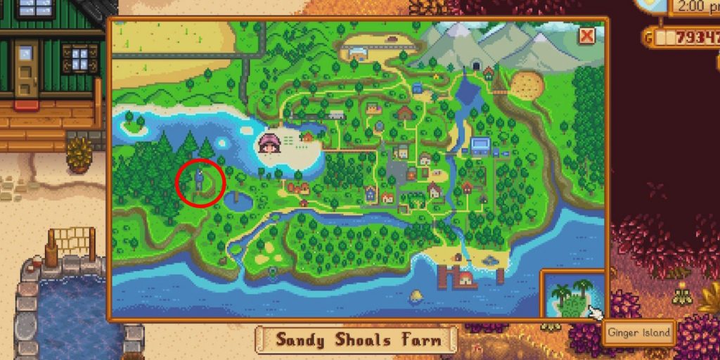 Stardew Valley Map with Wizards Tower circuled