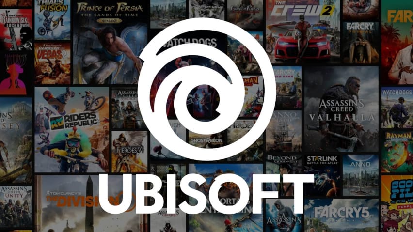 „Ubisoft“ logotipas kai kurių garsiausių kompanijos žaidimų fone
