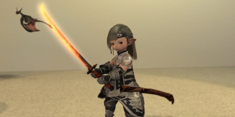 Samurai Lalafell with on-fire sword.