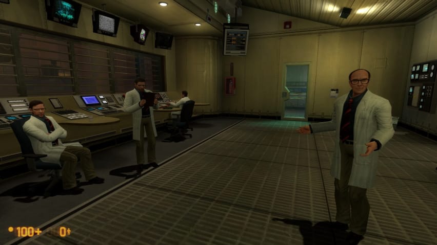 Unii oameni de știință vorbesc cu Gordon Freeman în Black Mesa