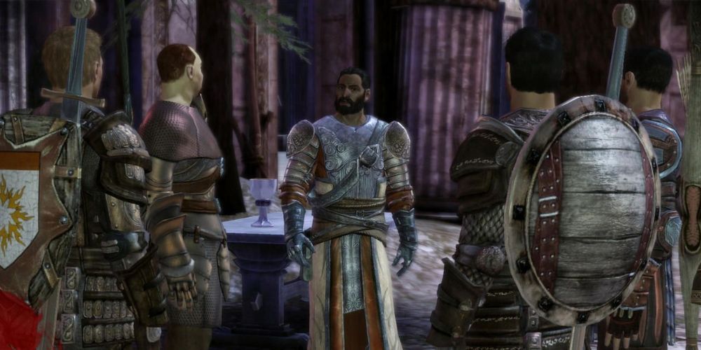 Cropped Dragon Age Origin သည် Duncan နှင့် Alistair နှင့် Grey Wardens တို့နှင့်အတူ Ritual Cutscene တွင် ပါဝင်နေသည်