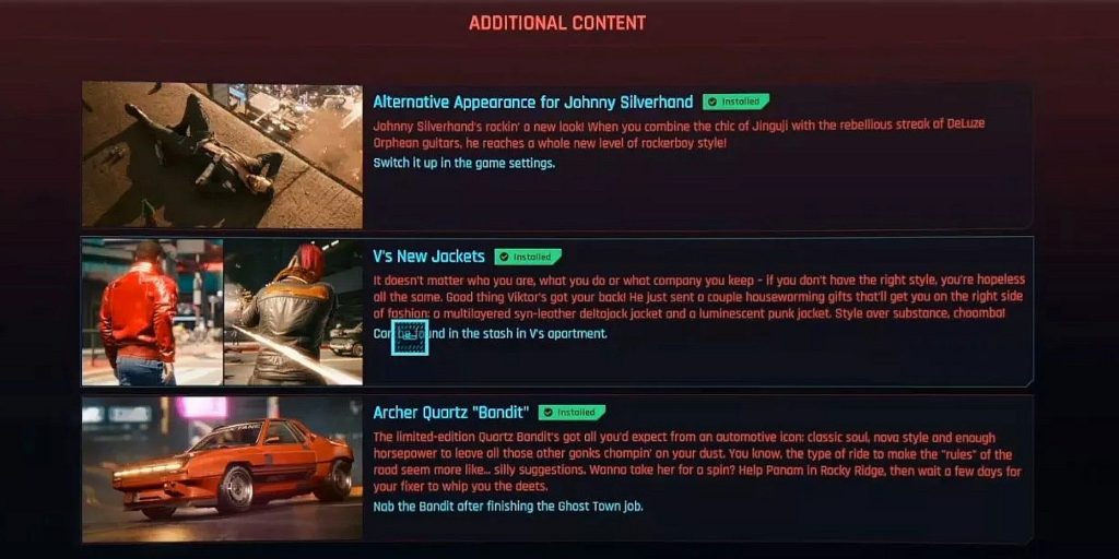 Cyberpunk 2077 First Free Dlc Pack Cosmetic Items Menu