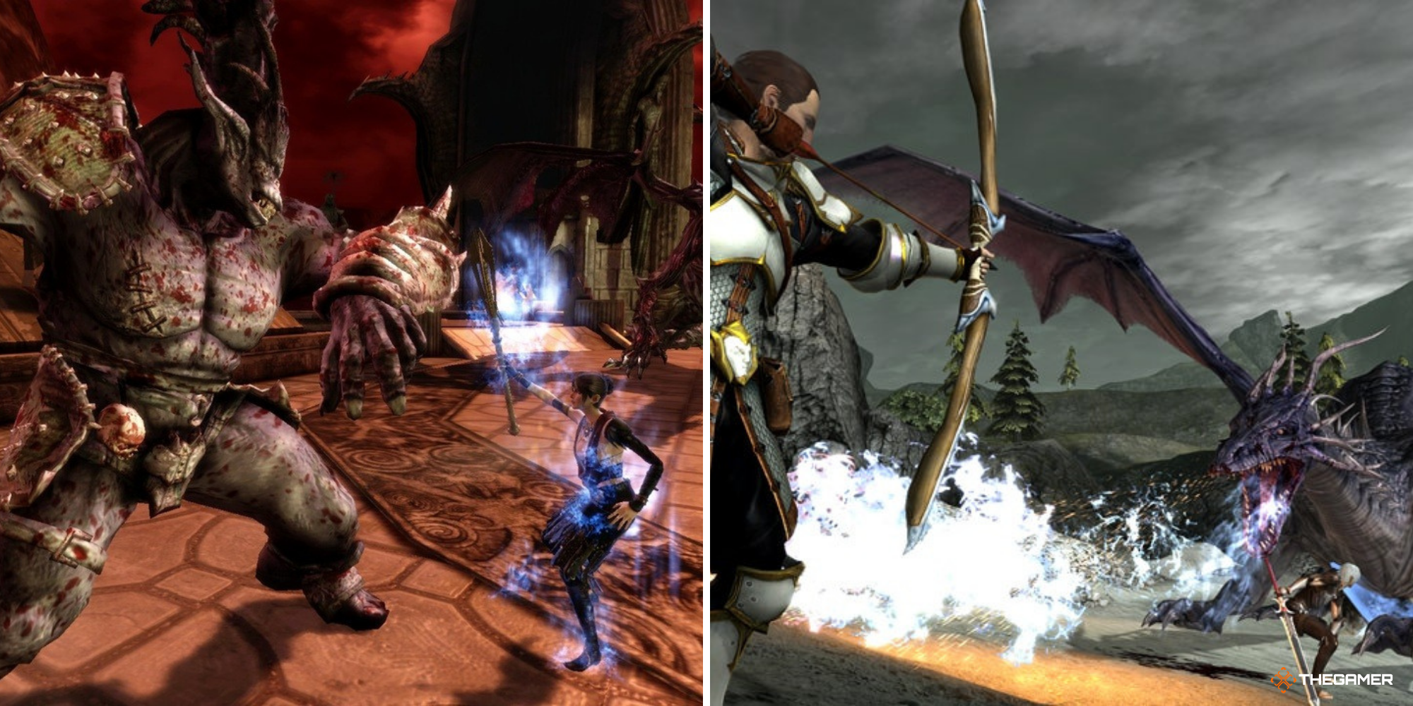 Dragon Age Combat Morrigan vecht tegen Ogre aan de linkerkant, Sebastian vecht tegen een draak aan de rechterkant