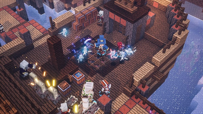 De speler vecht tegen een aantal griezelige enge skeletten in Minecraft Dungeons