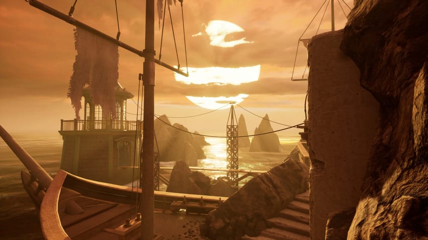 Una bella scena di tramontu in u remake di Myst