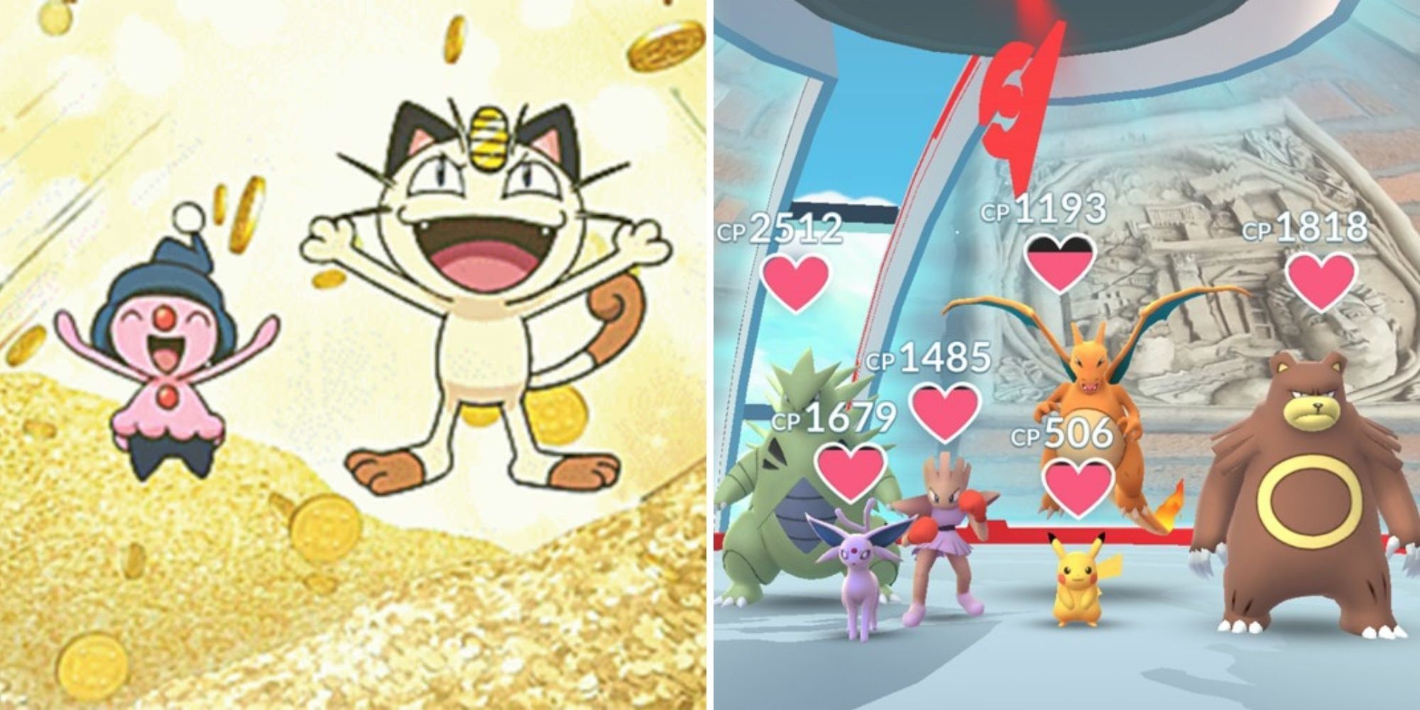 Pokemon Go Mauzi im Pokecoin-Stapel (links), Fitnessstudio mit Pokemon darin (rechts)