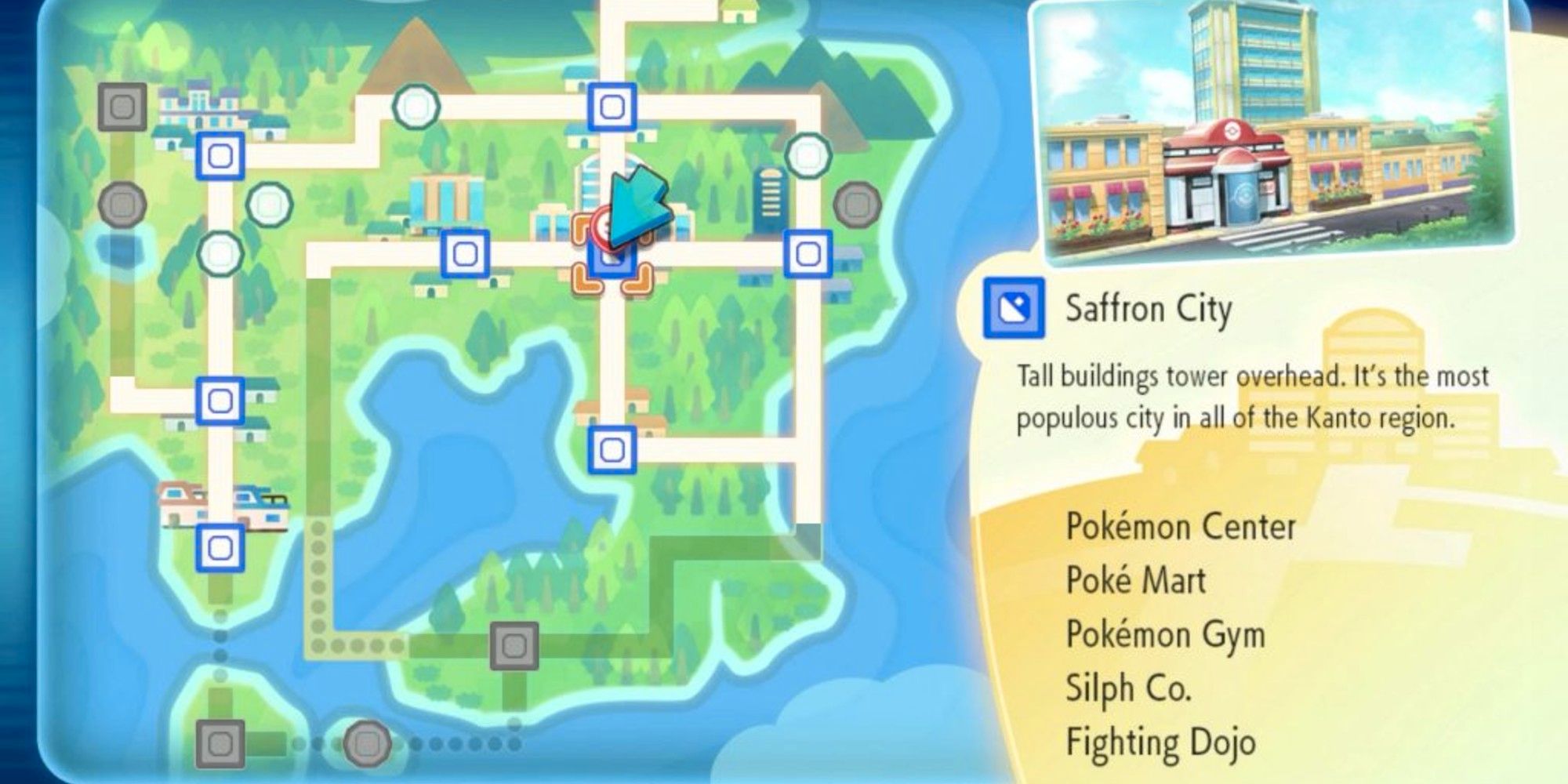 Pokemon Lets Go Saffron City op de kaart
